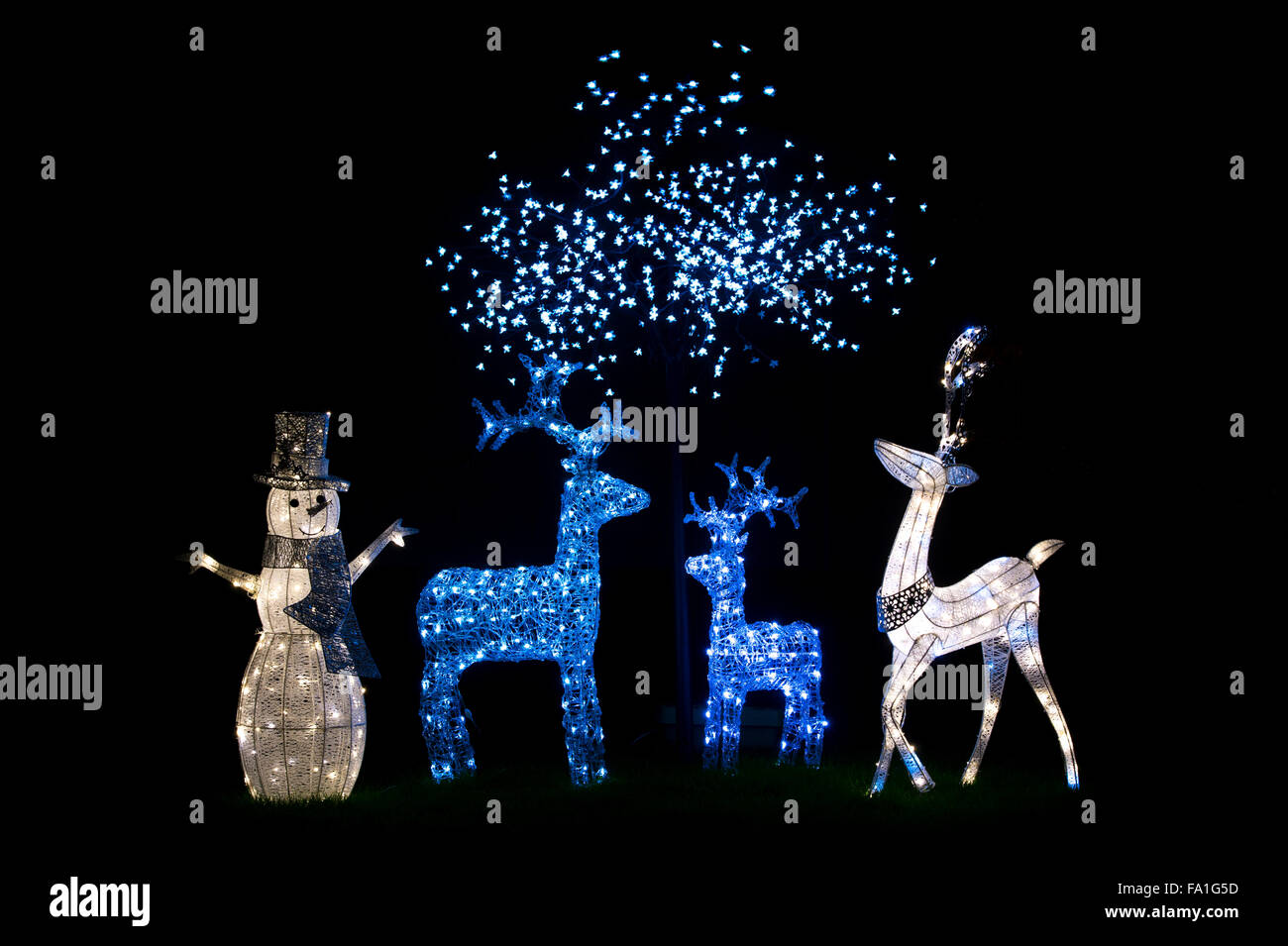 Festive snowman and reindeer Christmas lights display. Banbury, Oxfordshire, England Stock Photo