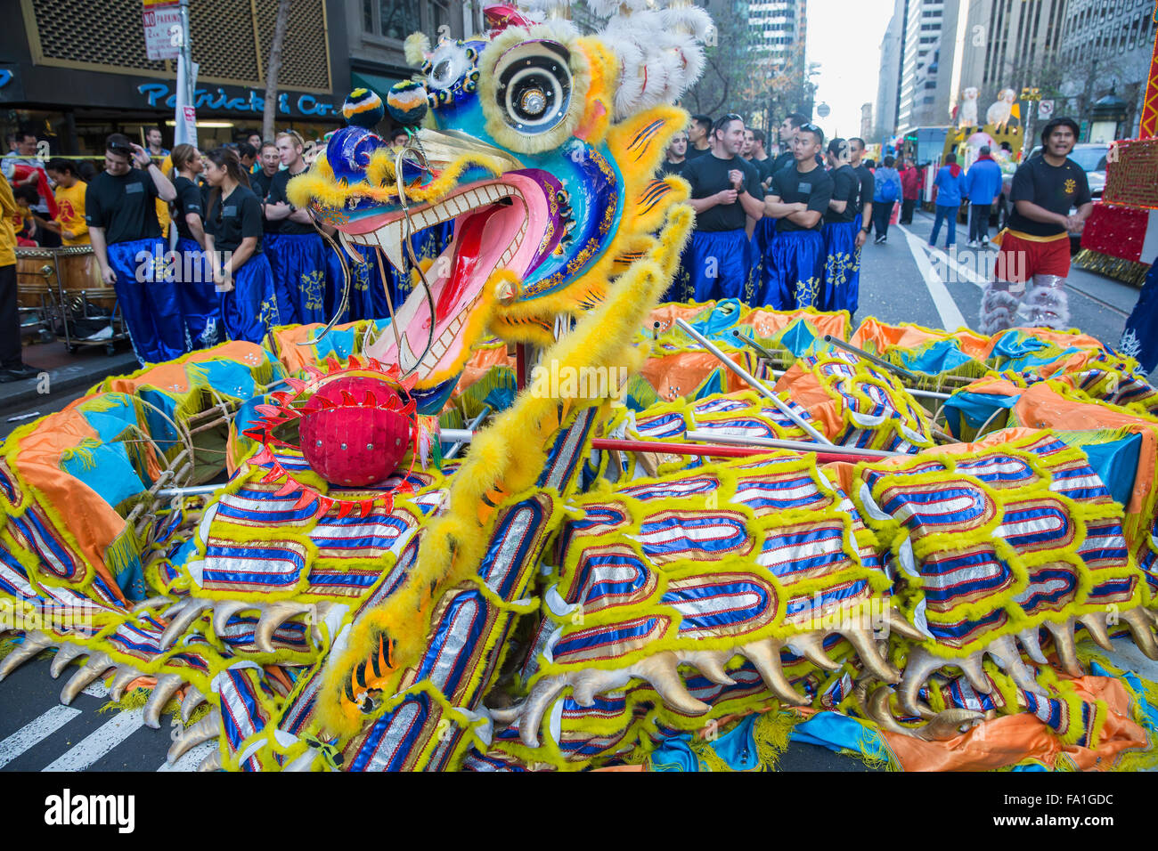 Festival dragon and festival participants on Market Street at San