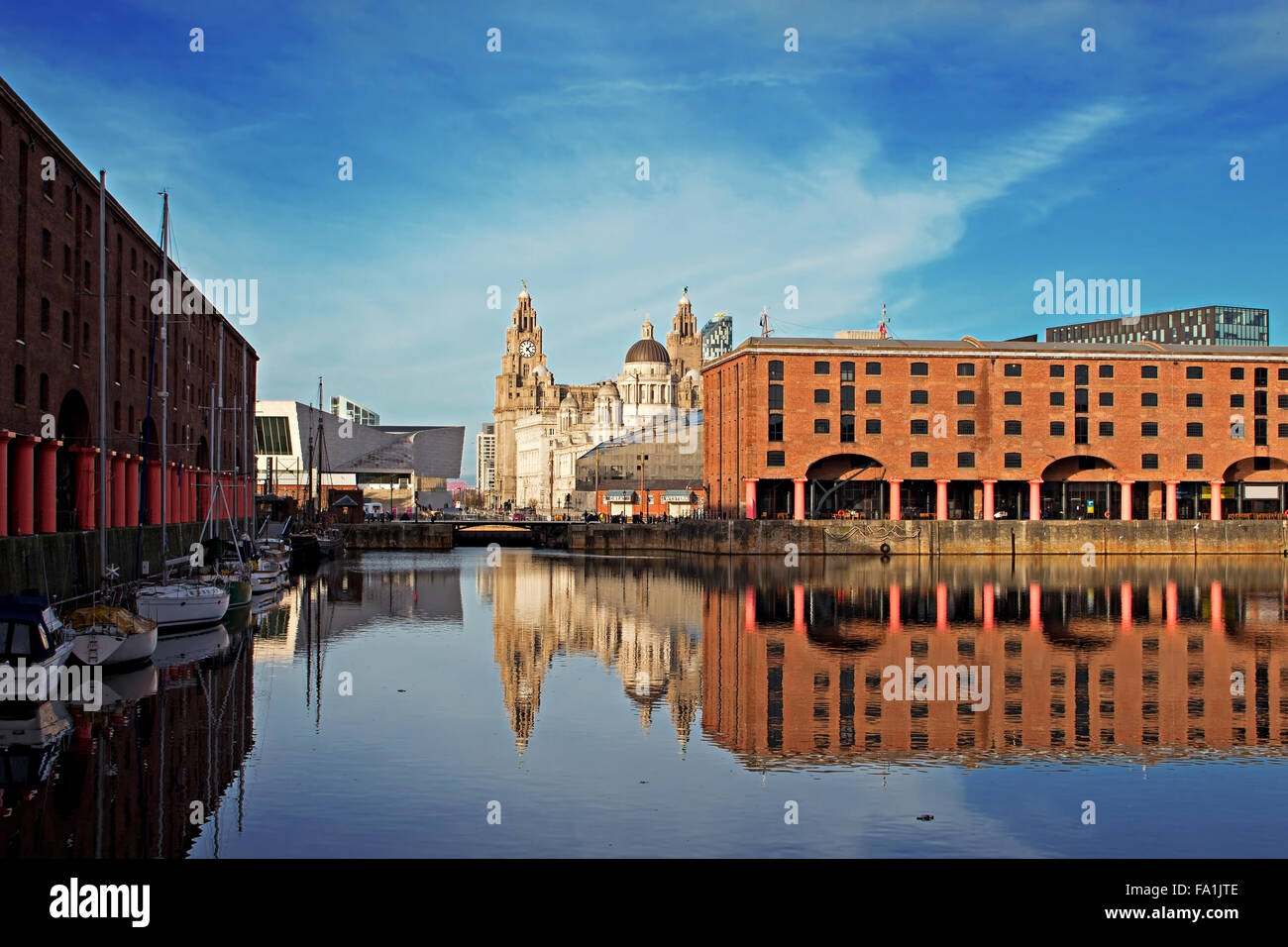 The Albert Dock and Liver Buildings in Liverpool UK on a beautiful