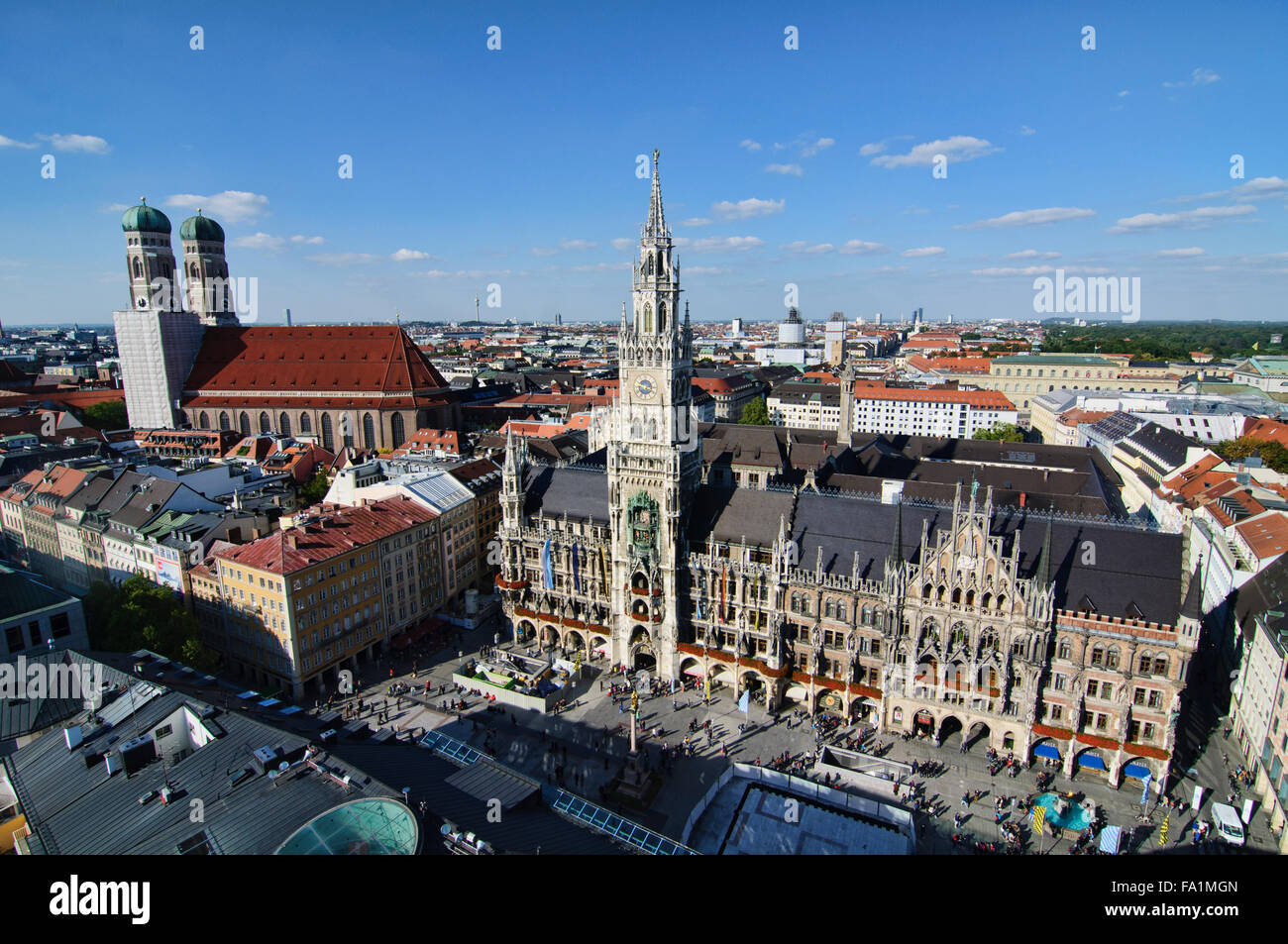 Taken from above, Neue Rathaus town hall and Frauenkirche at the Marienplatz in Munich, Germany Stock Photo