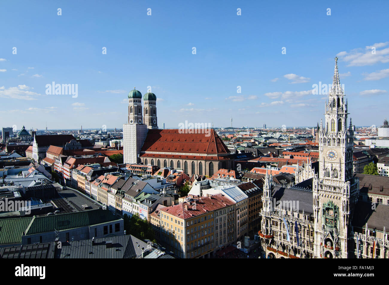 Taken from above, Neue Rathaus town hall and Frauenkirche at the Marienplatz in Munich, Germany Stock Photo