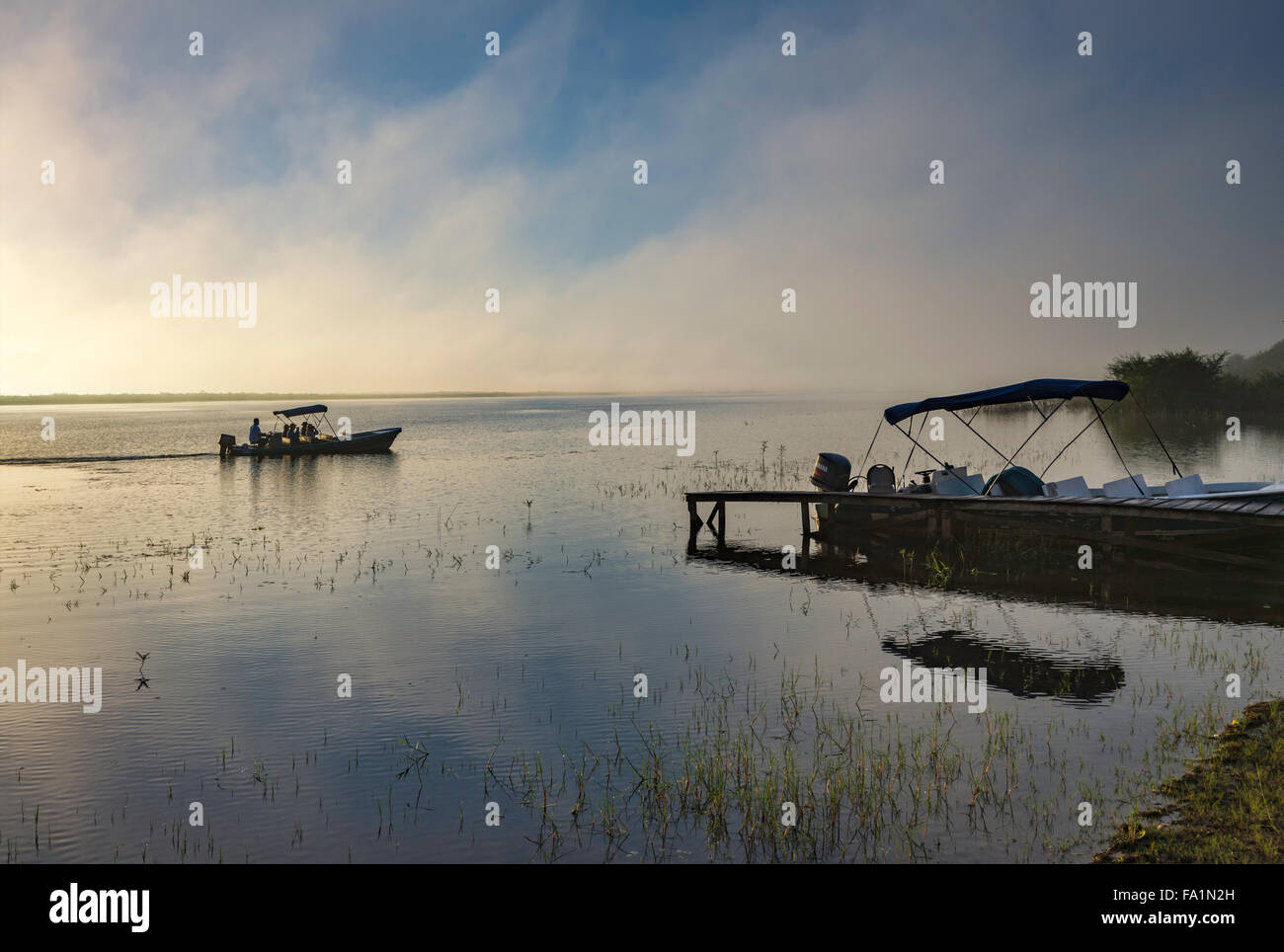 Tour boat at hazy Northern Lagoon at sunrise, Crooked Tree Wildlife Sanctuary, Belize District, Belize Stock Photo