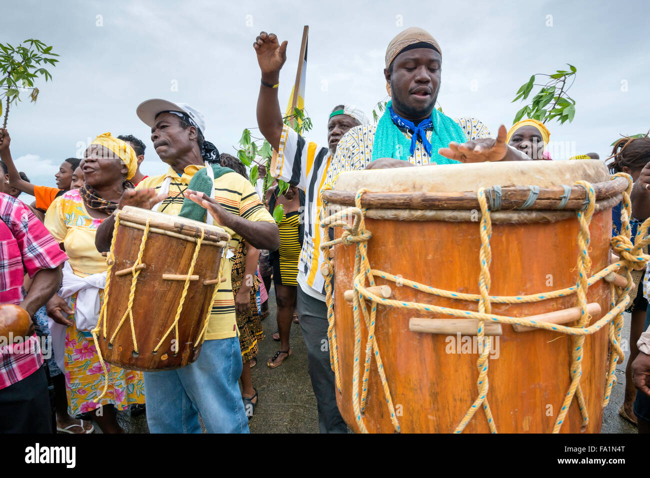 Drummers at Battle of the Drums performance, annual Garifuna Settlement