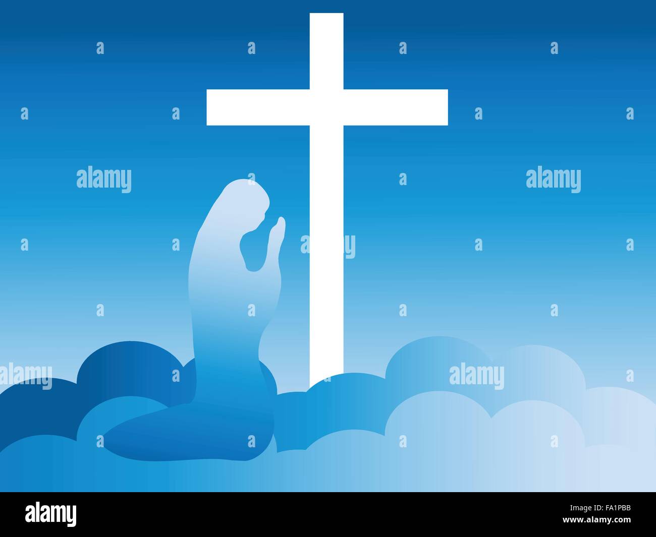 Virgin Mary Kneeling at the Foot of the Cross in Heaven (vector Stock