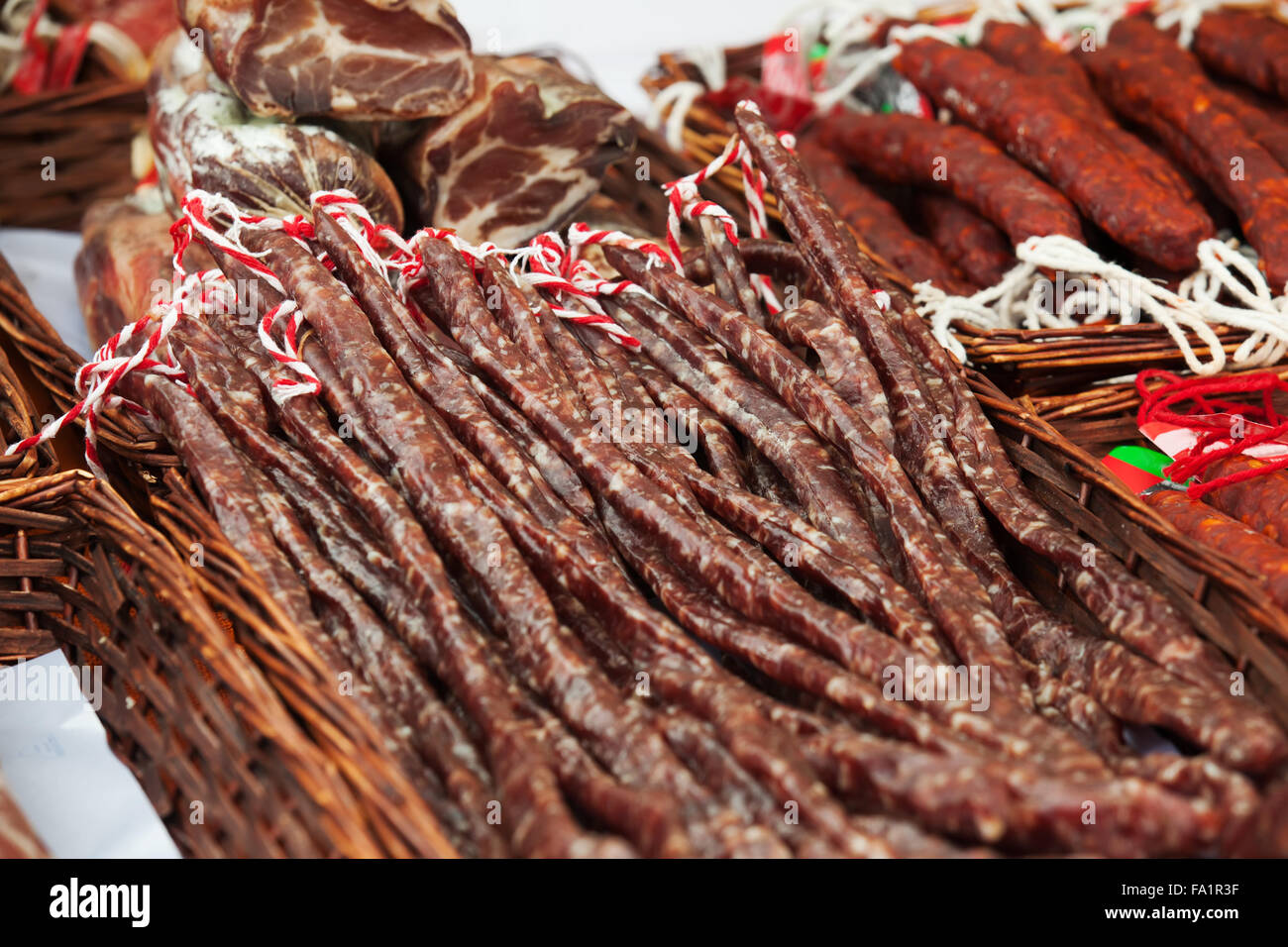 sausages on shopwindow at the european  market Stock Photo