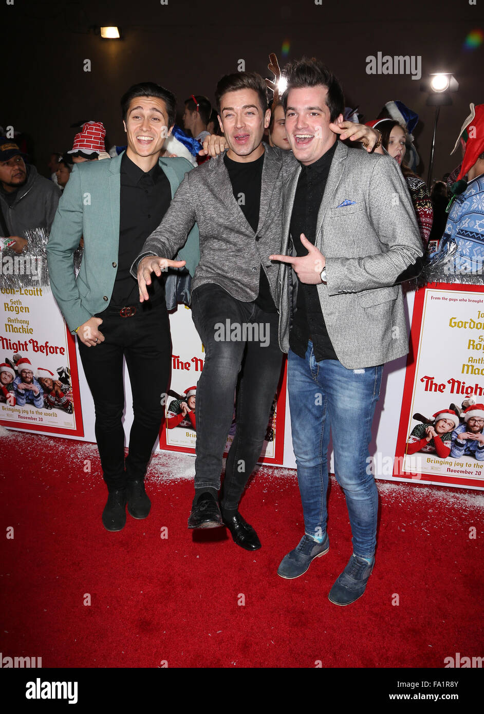 Los Angeles premiere of 'The Night Before' at the ACE Hotel - Arrivals  Featuring: Aleksey Lopez, Kristopher James, Kyle Carpenter of the boy band The Scheme Where: Los Angeles, California, United States When: 18 Nov 2015 Stock Photo