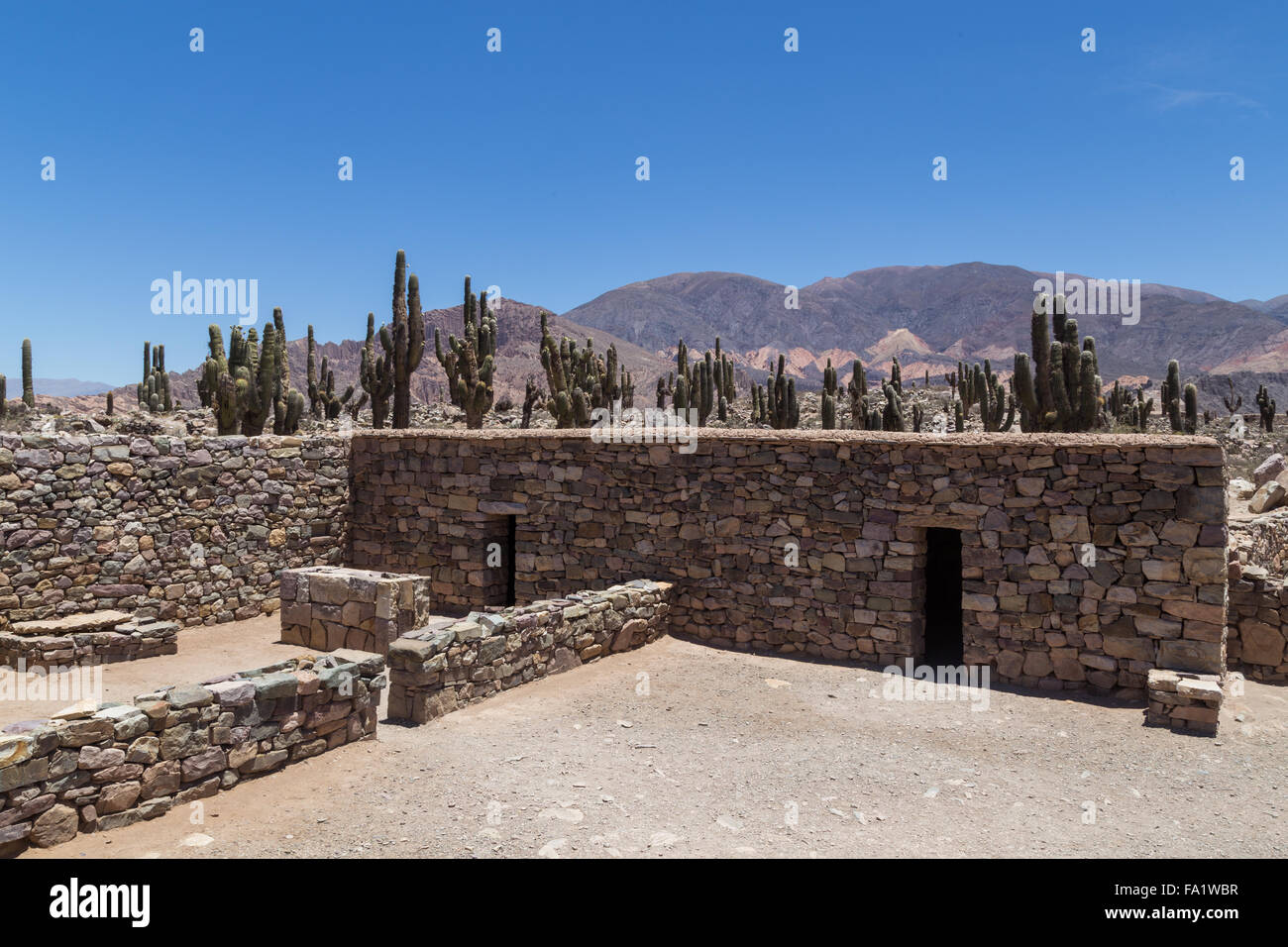 Reconstructed church at the pre-inca fortress Pucara de Tilcara in Northwest Argentina. Stock Photo