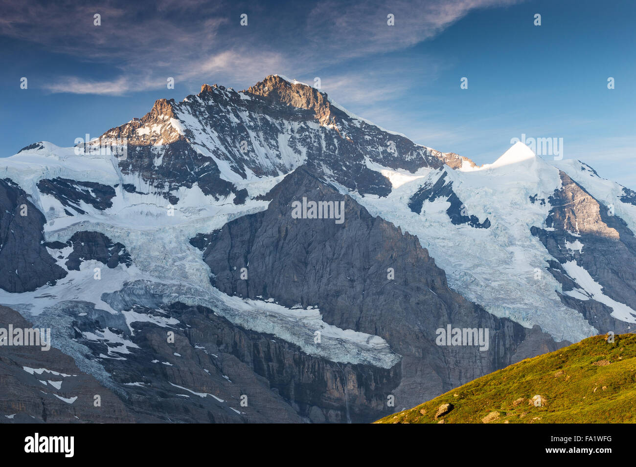 Jungfrau mountain peak, glaciers. Bernese Swiss Alps. Europe. Stock Photo