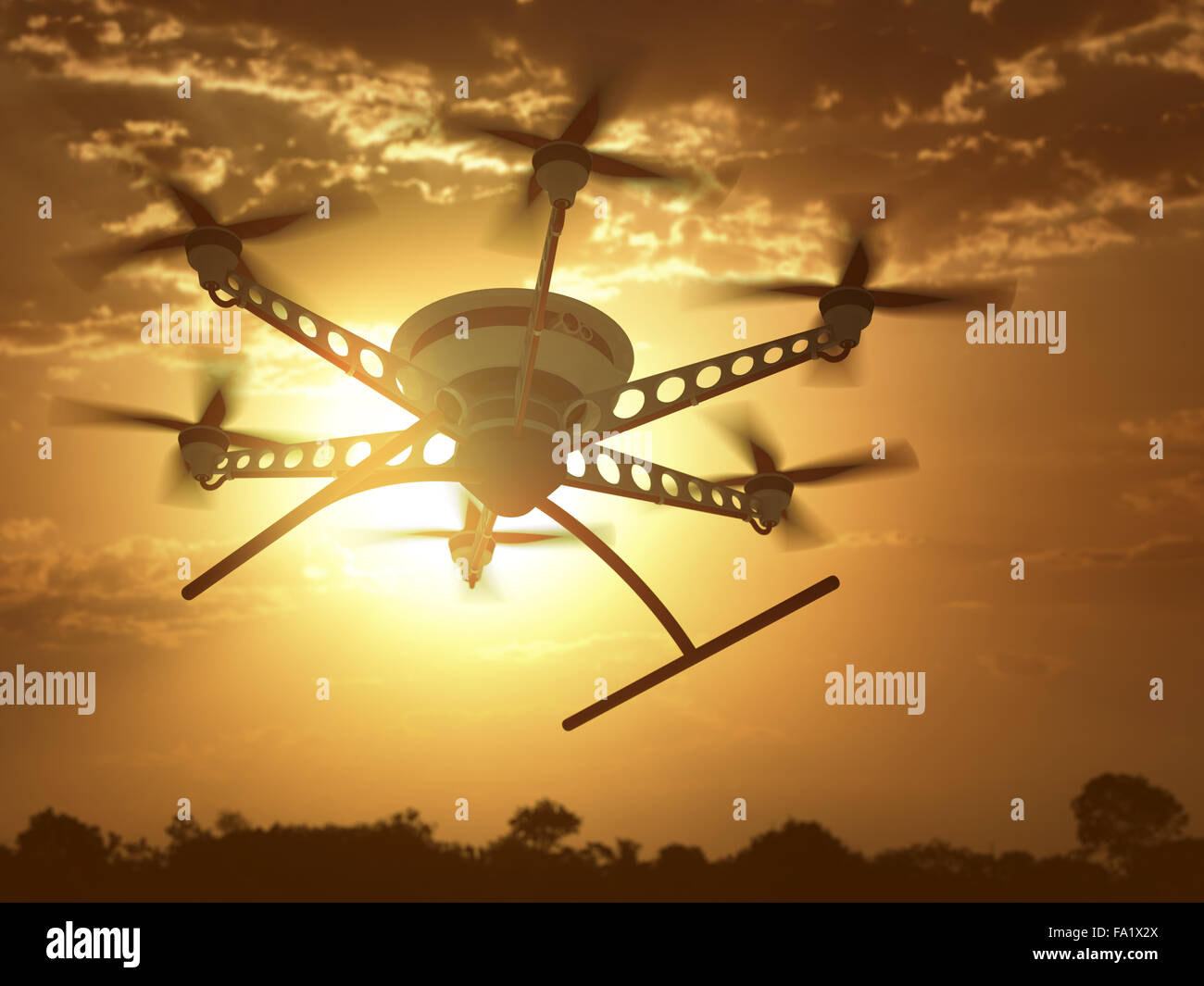 Drone flying under the sunset and cloudy sky. Stock Photo