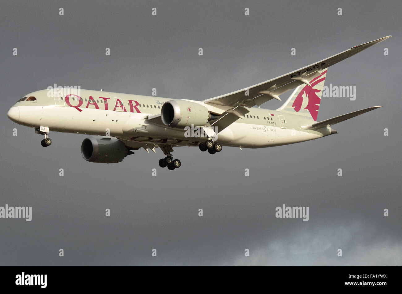 Qatar Airways Boeing 787-8 Dreamliner jet plane airliner - A7-BCA landing at London Heathrow Airport, UK Stock Photo
