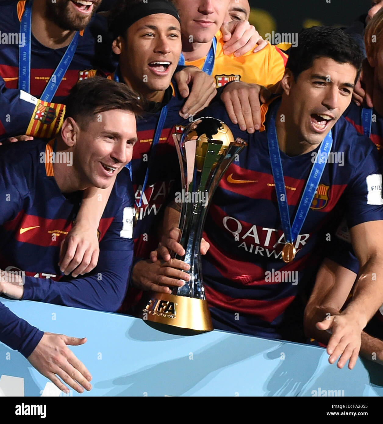Yokohama Japan th Dec 15 Team Members Of Barcelona Celebrate Winning The Fifa Club World Cup Final With The Trophy After Their Match Against River Plate In Yokohama Japan Dec 15