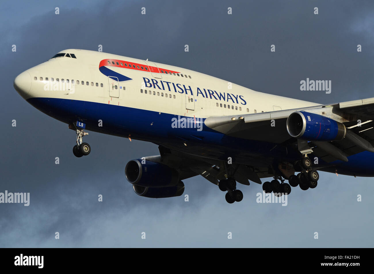 British Airways Boeing 747 -436 - jet airliner plane G-BNLS landing at London Heathrow Airport, UK. Jumbo jet Stock Photo