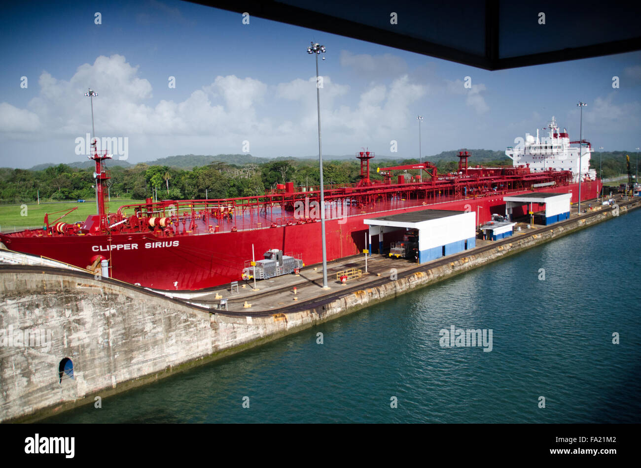 Gas Carrier Panamax Ship In Gatun Locks, Panama Canal. Panama Stock