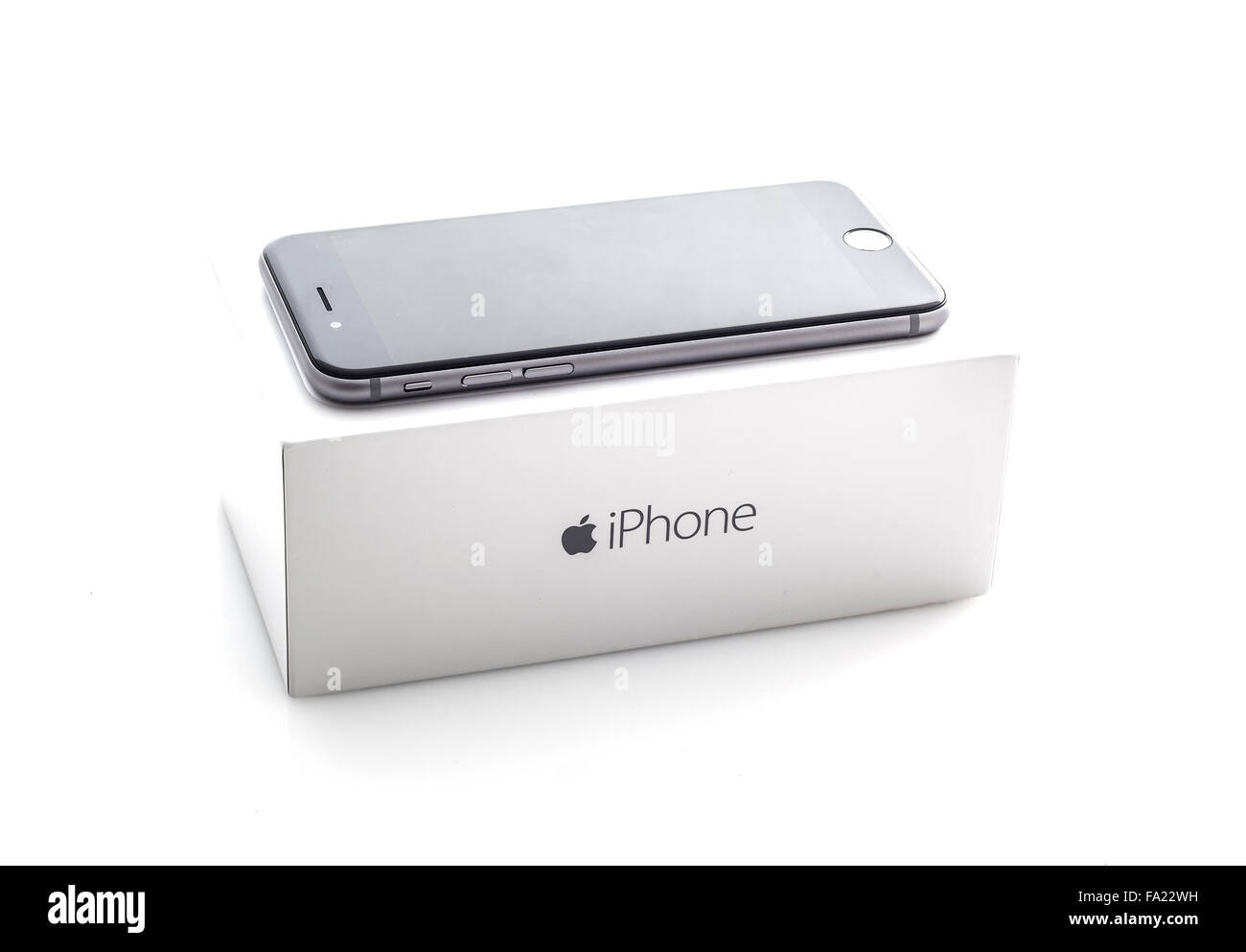 Apple iPhone 6 in Space Gray with box on a white background the iPhone 6 is the new addition to the iPhone family Stock Photo