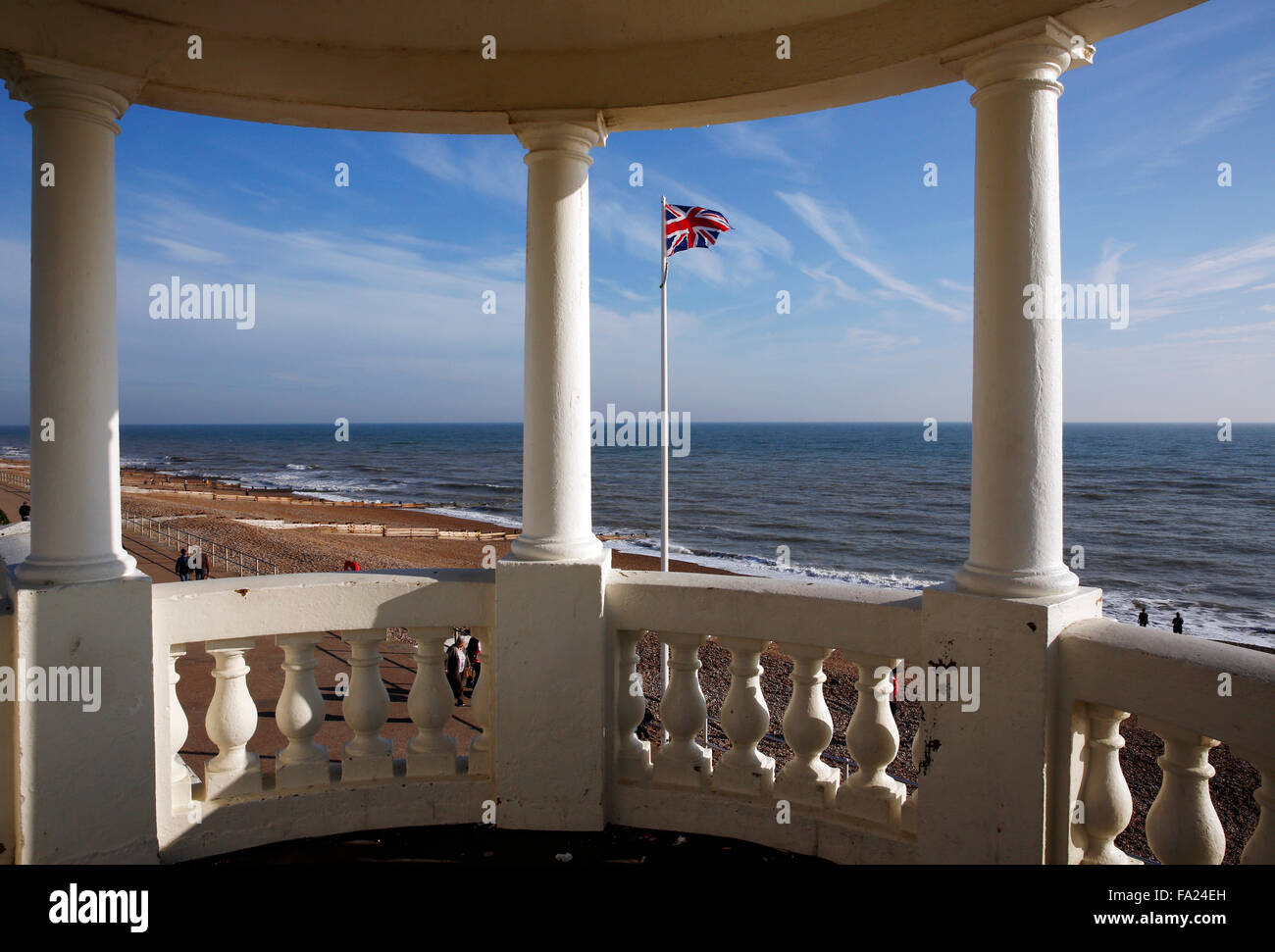 A Union flag flies in the wind close to the De La Warr pavilion Bexhill on Sea East Sussex in England October 2015 Stock Photo