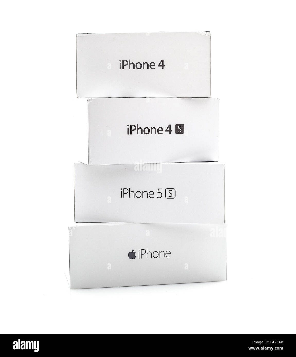 Collection of used Apple iPhone boxes on a white background showing the growth of the iPhone family Stock Photo