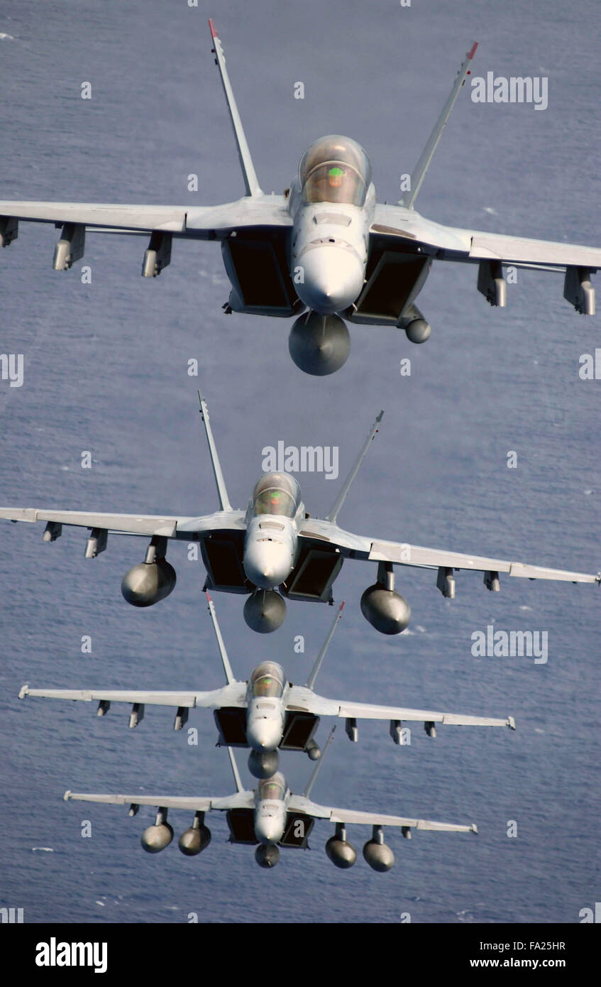 F/A-18 Super Hornets assigned to the “Black Aces” of Strike Fighter Squadron Forty One in a stack formation. Stock Photo