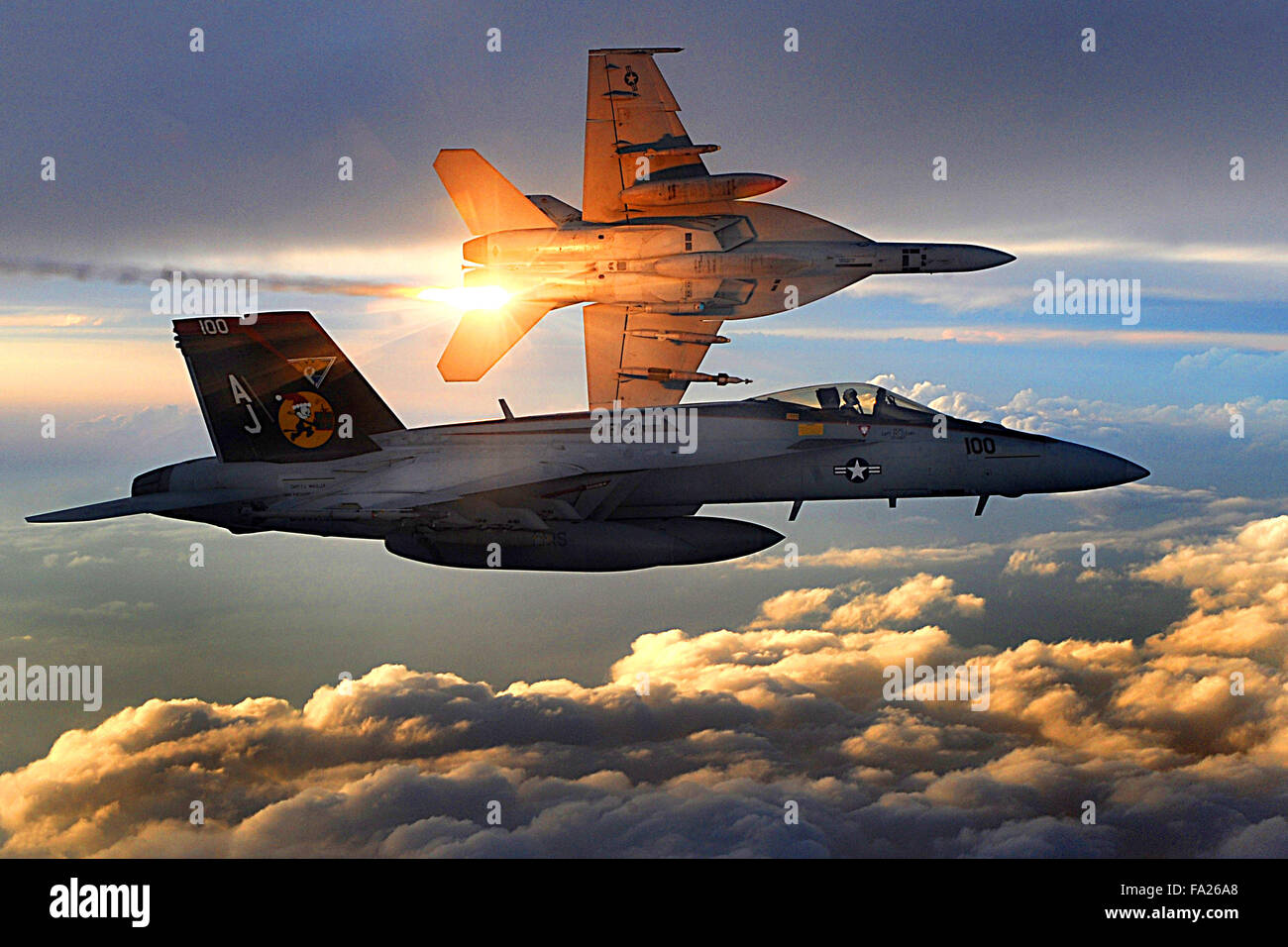 Two U.S. Navy F/A-18 Super Hornets from Strike Fighter Squadron 31 fly a combat patrol over Afghanistan on Dec. 15, 2008.  DoD photo by Staff Sgt. Aaron Allmon, U.S. Air Force.  (Released) Stock Photo