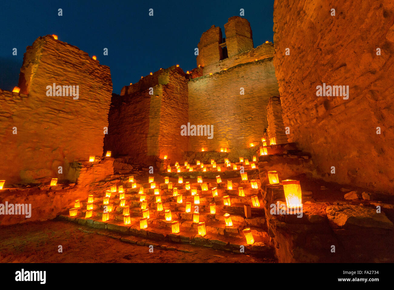 The ruins of the San José de los Jémez Mission part of the Jemez Historic Site illuminated by
