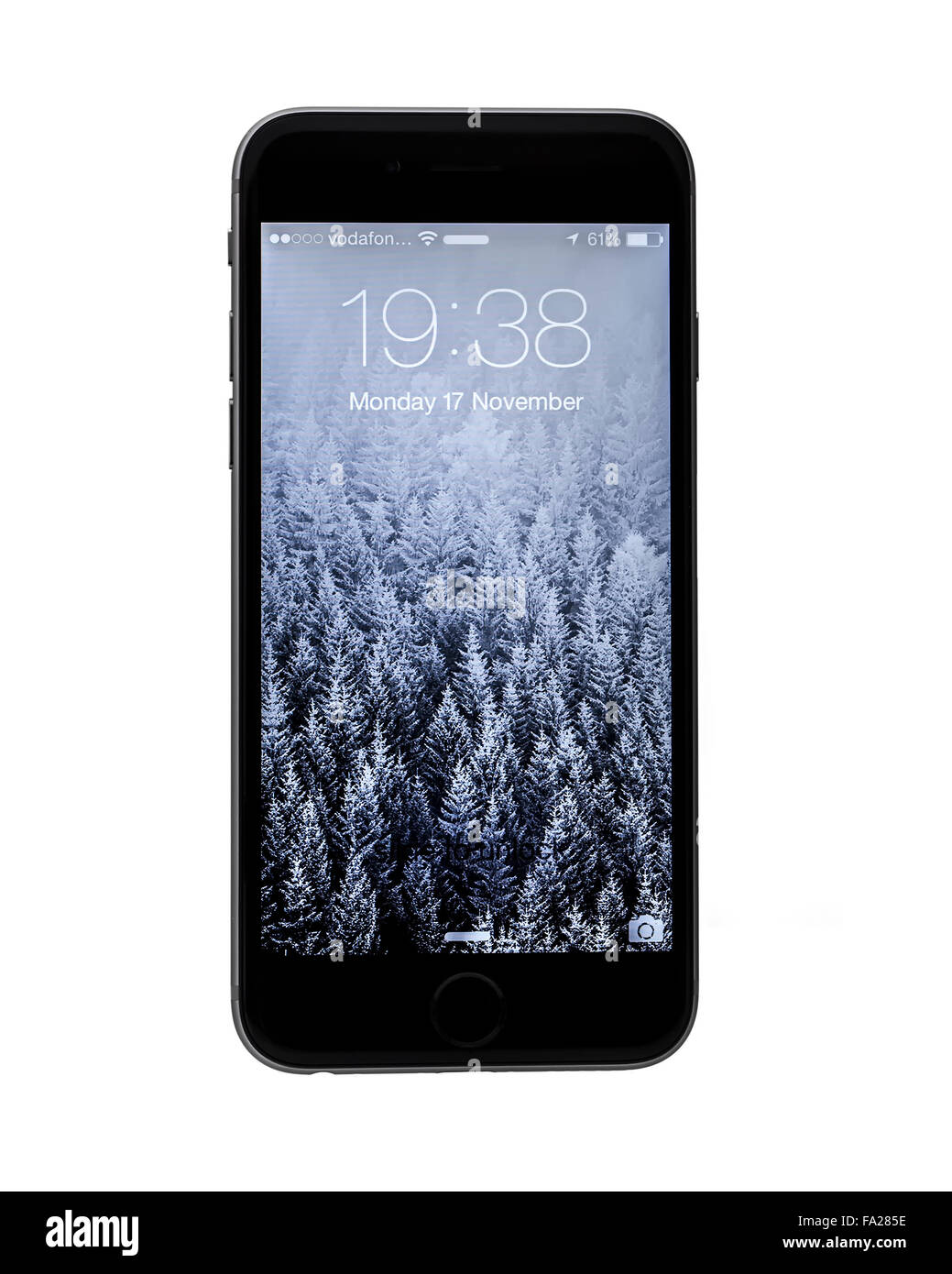 The New Apple iPhone 6 on a white background showing the IOS 8 Lock screen  Stock Photo - Alamy