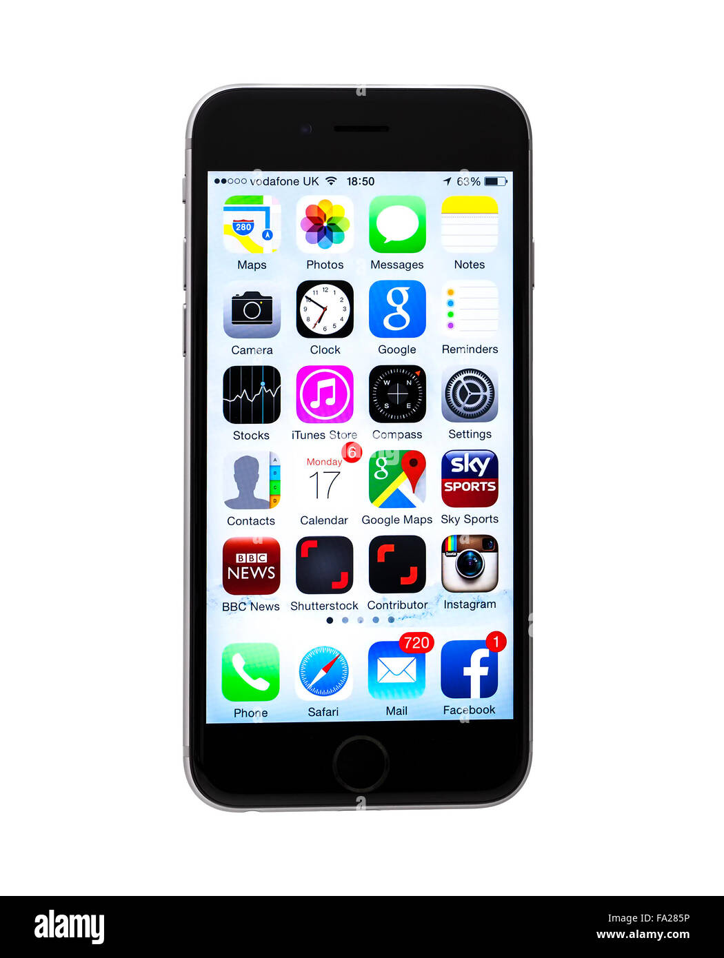 The New Apple iPhone 6 on a white background showing the IOS 8 application screen. Stock Photo