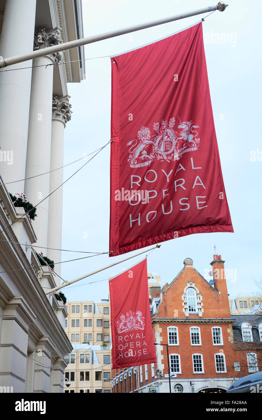 LONDON, UK DECEMBER 20 Large red banners in front of the Royal Opera