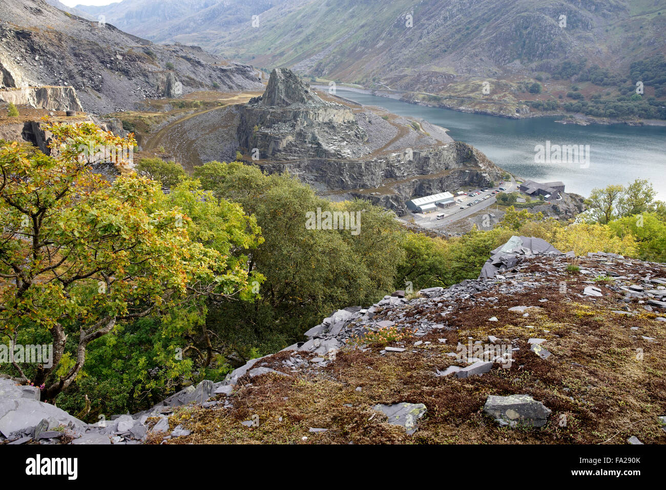 A rock tower in the middle of Dinorwic slate quarry, Llanberis, Gwynedd