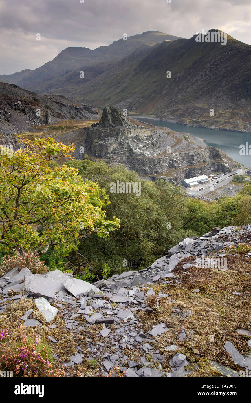 A rock tower in the middle of Dinorwic slate quarry, Llanberis, Gwynedd