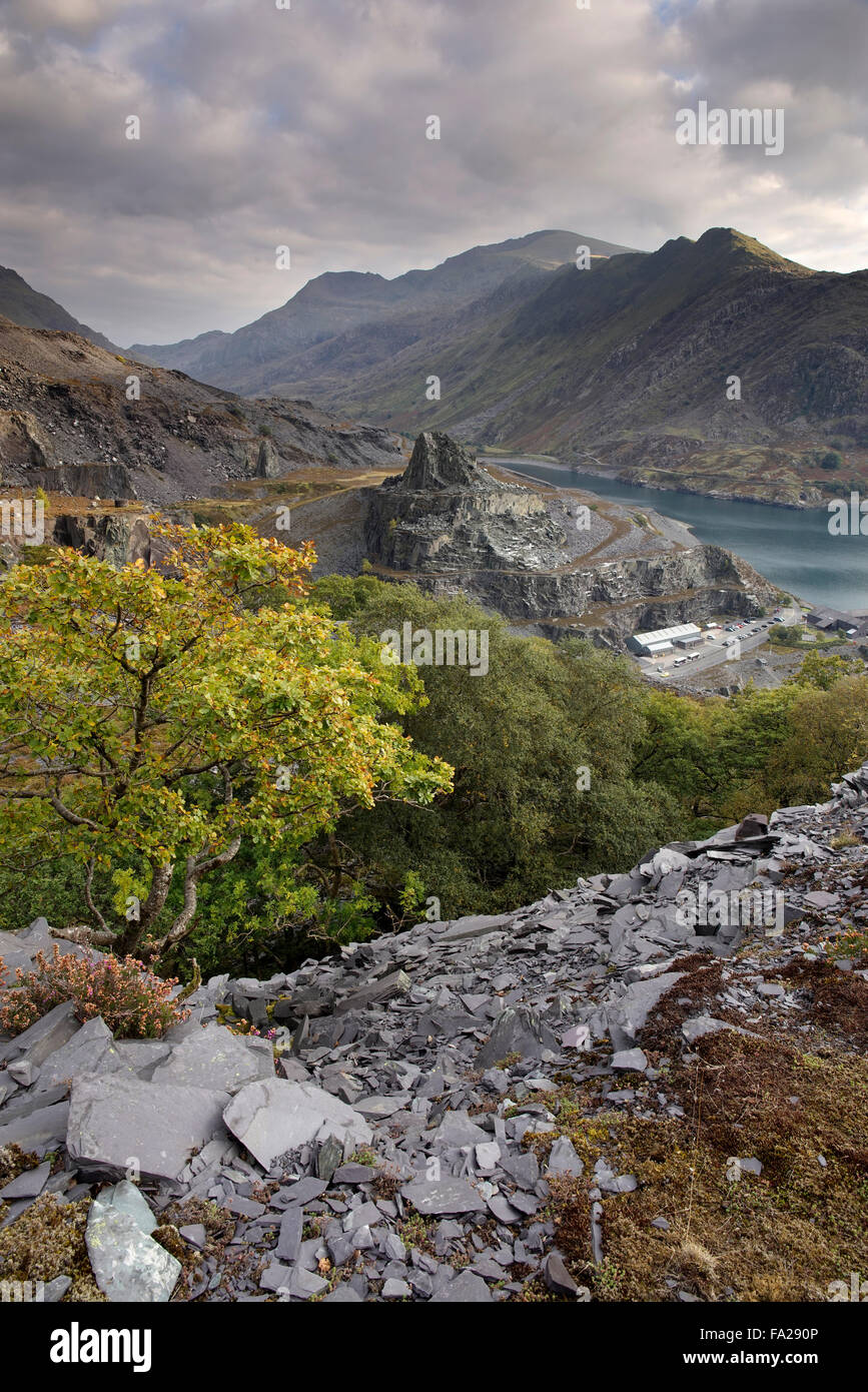 A rock tower in the middle of Dinorwic slate quarry, Llanberis, Gwynedd