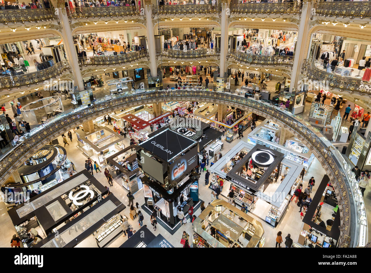 PARIS, FRANCE - MAY 29: Unknown people shopping in famous luxury Lafayette department store on May 29, 2015 in Paris, France Stock Photo