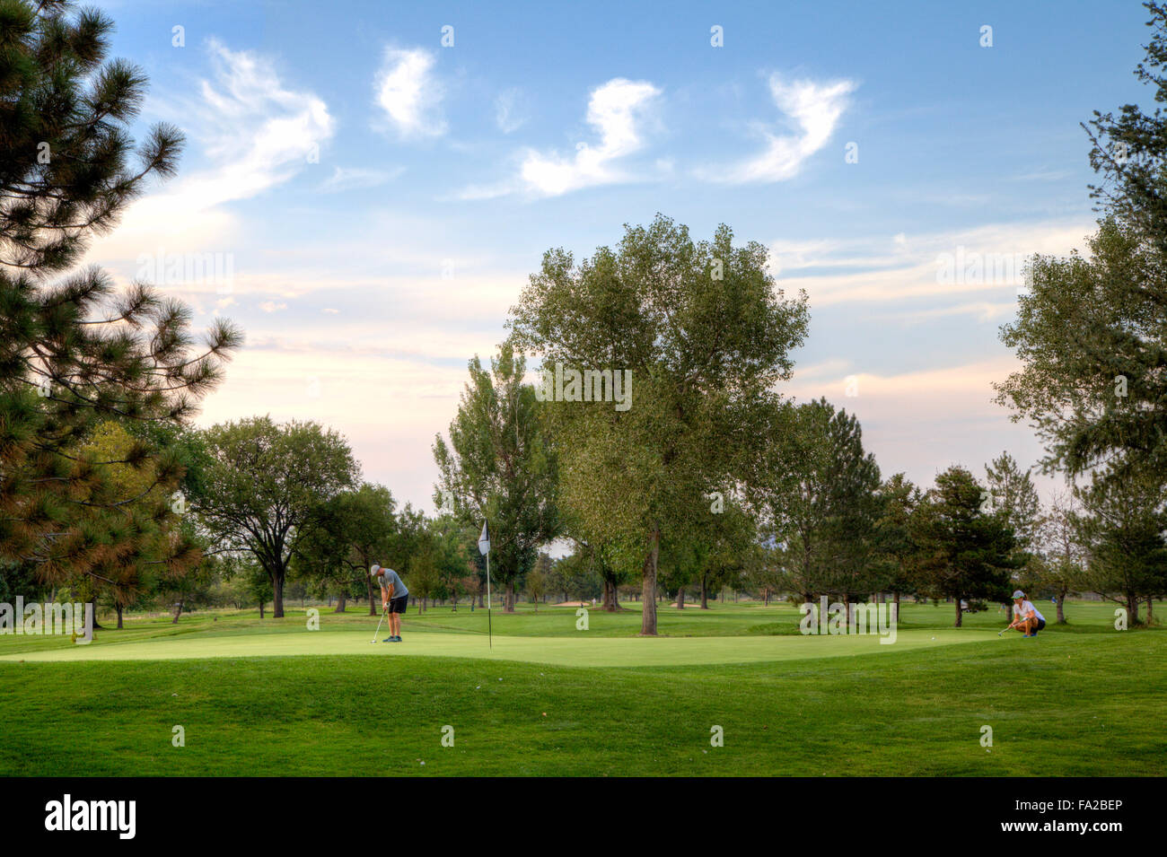 Two golfers playing on a golf green. Stock Photo