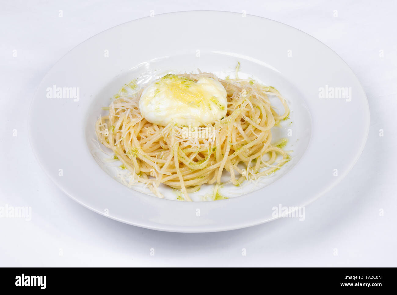 Italian cuisine, poached eggs, spaghetti, Pasta carbonara Stock Photo