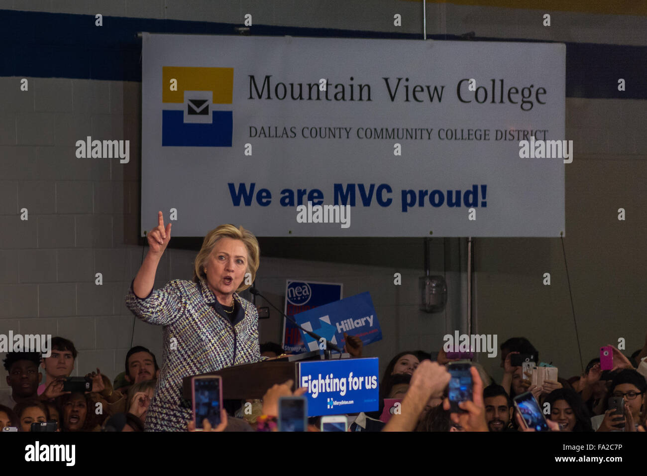 Democratic presidential candidate Hillary Clinton Speaks during a fundraiser at Mountain View College on November 17, 2015 in Dallas, TX. Stock Photo