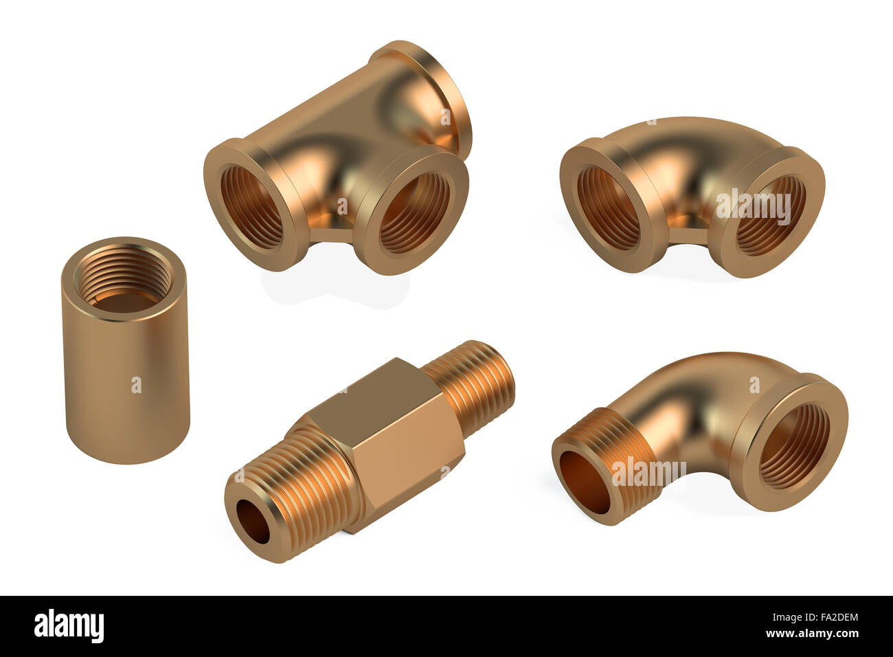 copper fittings for plumbing pipes isolated on white background Stock Photo