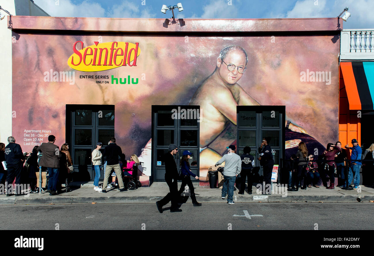 West Hollywood, California, USA. 20th Dec, 2015. People line up on Melrose Avenue to see Hulu's ''Seinfeld: The Apartment, '' a limited-run, pop-up installation replica of Jerry's Upper West Side apartment from the iconic tv show, ''Seinfeld.'' The line stretched for blocks, and it was estimated that there was a five-hour wait to get in. Hulu is now streaming all ''Seinfeld'' episodes on its premium tv service. Credit:  Brian Cahn/ZUMA Wire/Alamy Live News Stock Photo