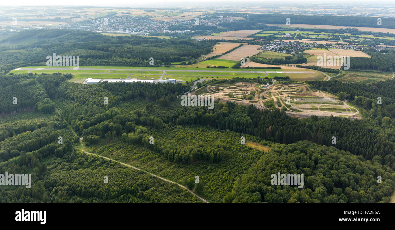 Aerial view, aerodrome, airfield Arnsberg with Vosswinkel motorcross track, EDLA, Arnsberg, the Sauerland region Stock Photo