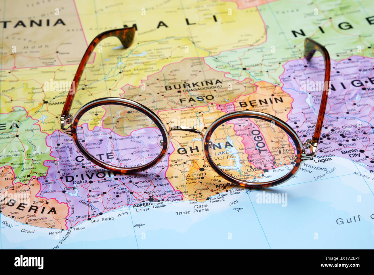 Glasses on a map - Togo Stock Photo