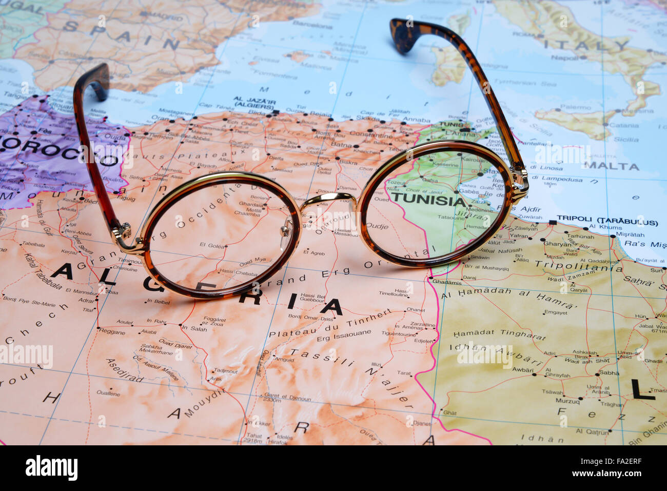 Glasses on a map - Tunisia Stock Photo