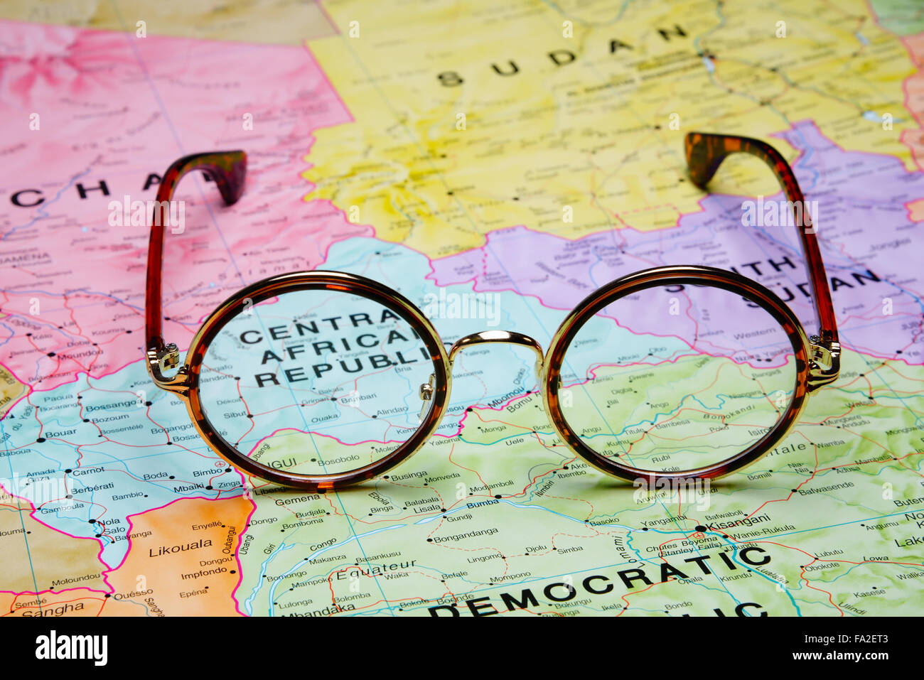 Glasses on a map - Central African Republic Stock Photo
