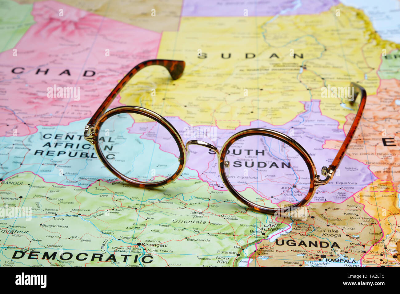 Glasses on a map - Juba Stock Photo