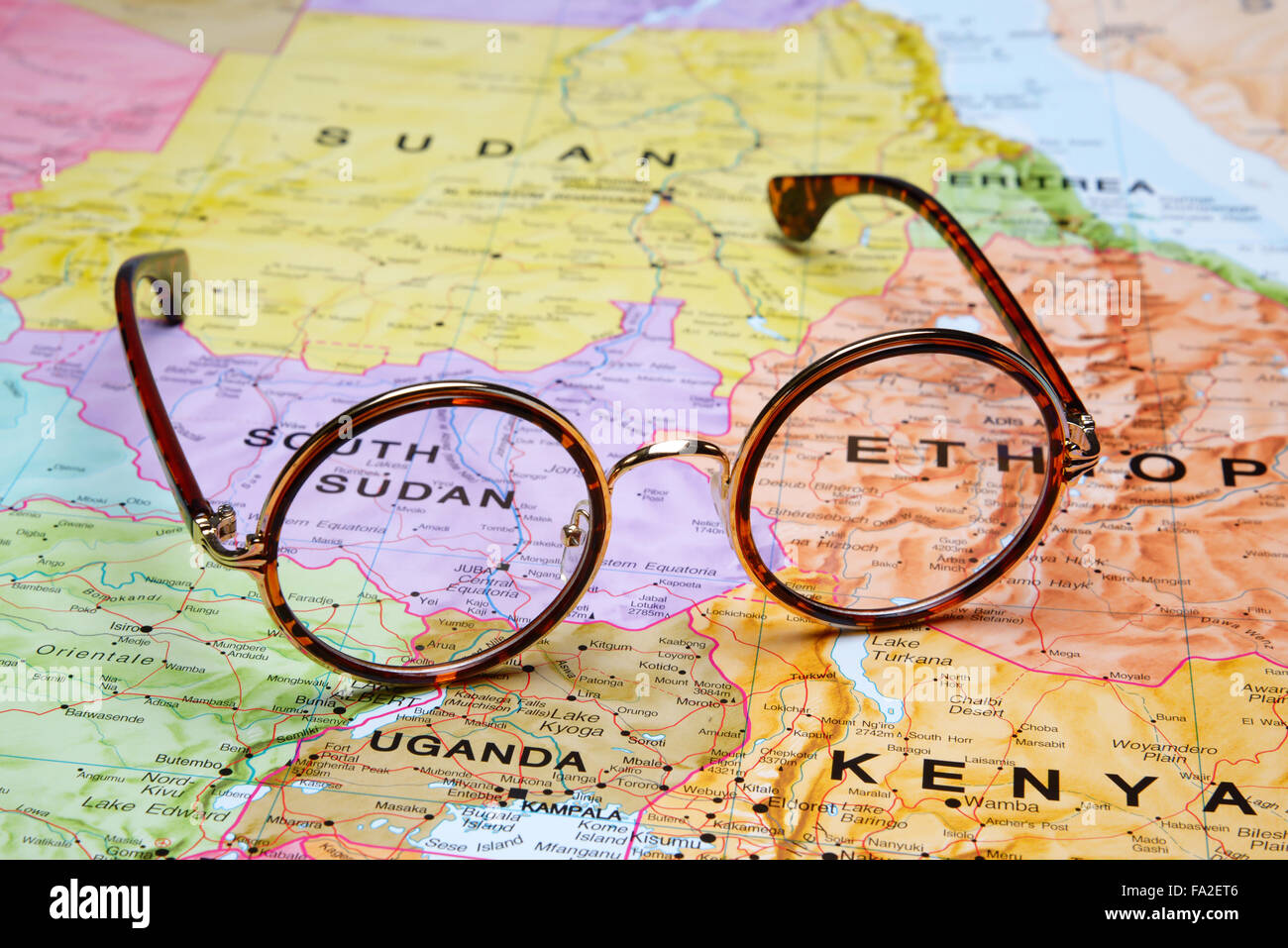 Glasses on a map - Juba Stock Photo