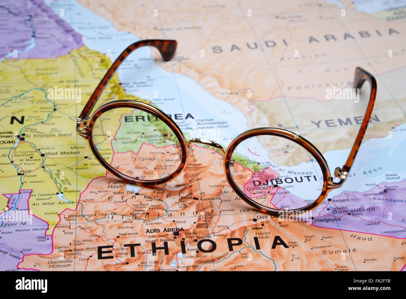 Glasses on a map - Djibouti Stock Photo