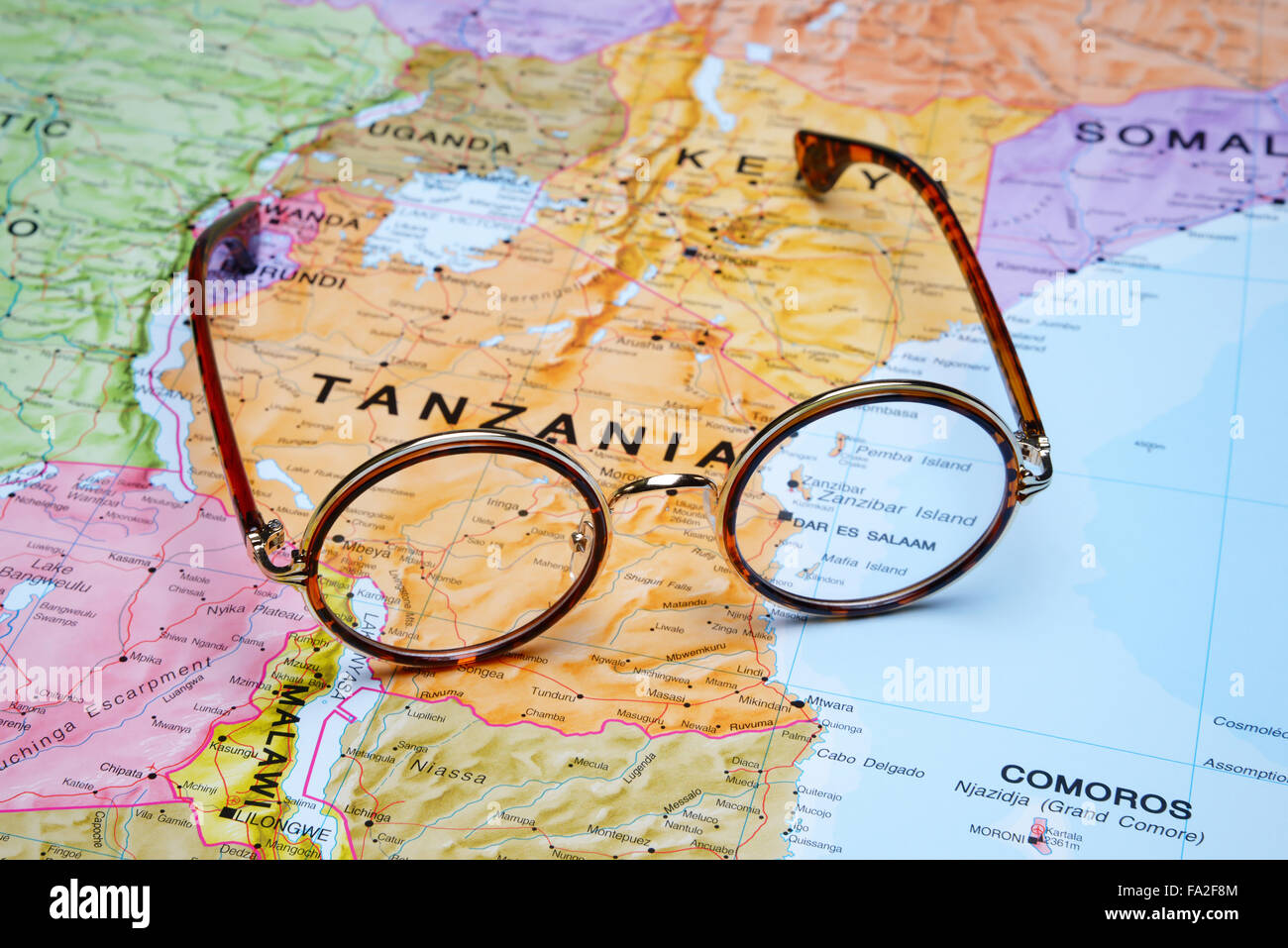 Glasses on a map - Dar es Salaam Stock Photo