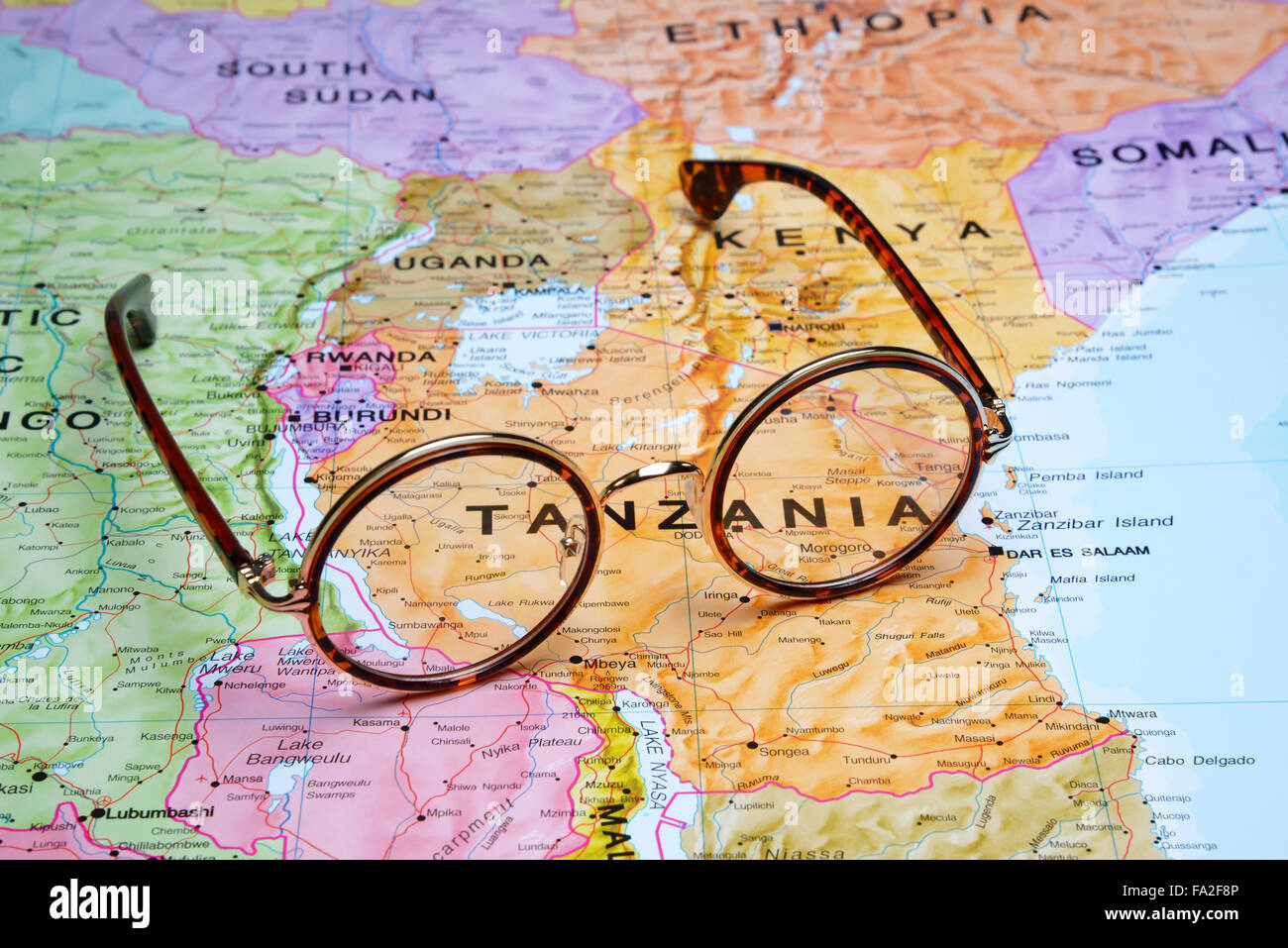 Glasses on a map - Tanzania Stock Photo