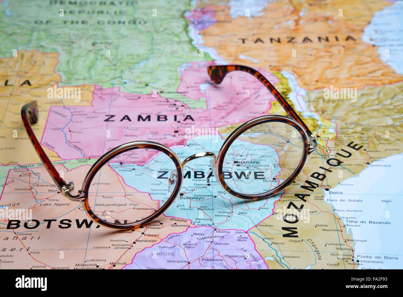 Glasses on a map - Harare Stock Photo