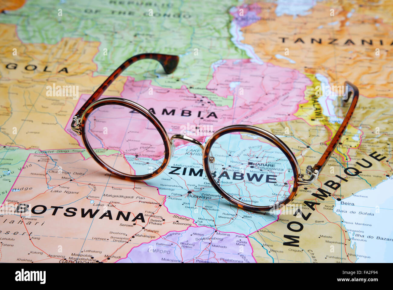 Glasses on a map - Harare Stock Photo