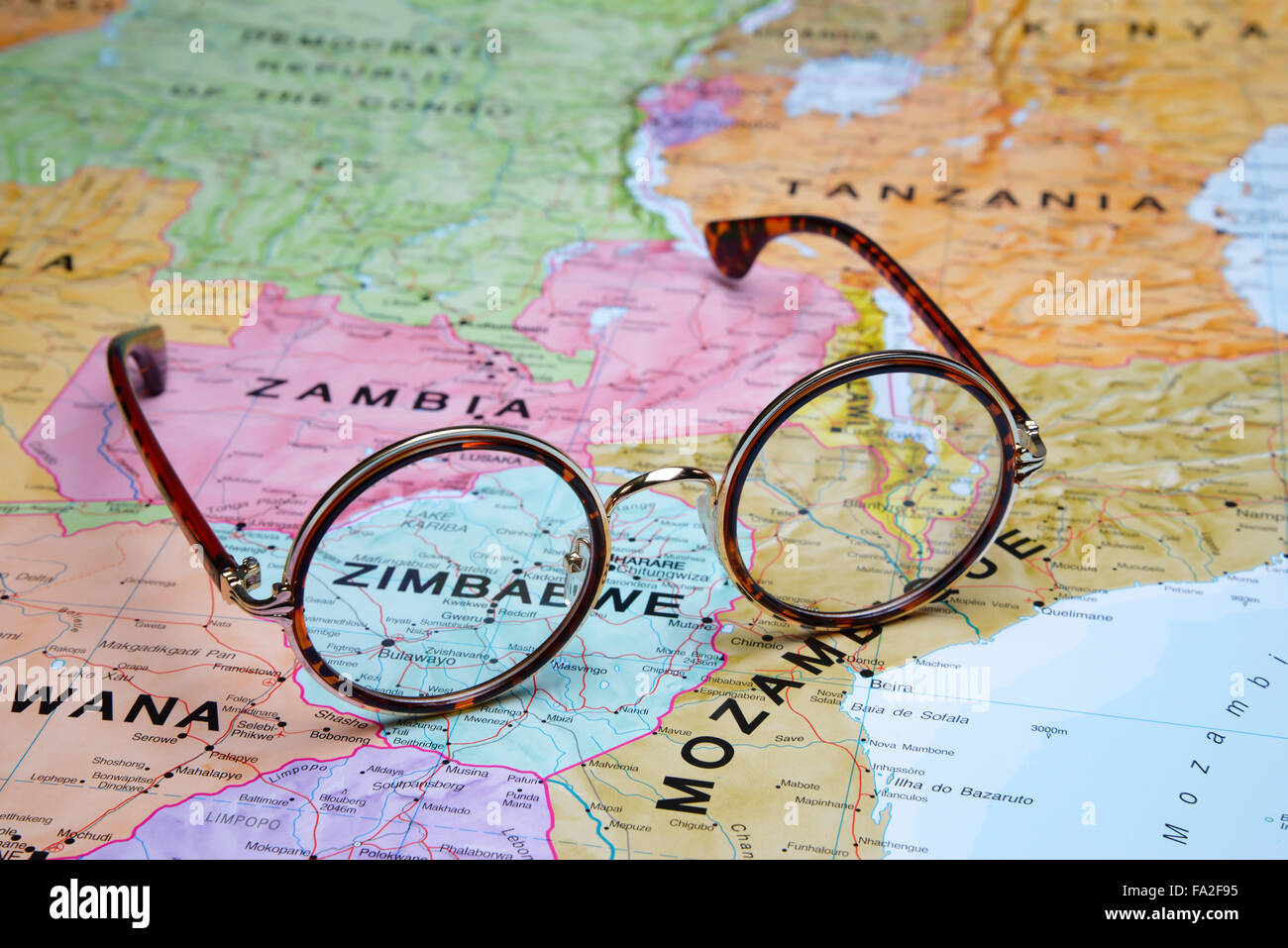 Glasses on a map - Zimbabwe Stock Photo
