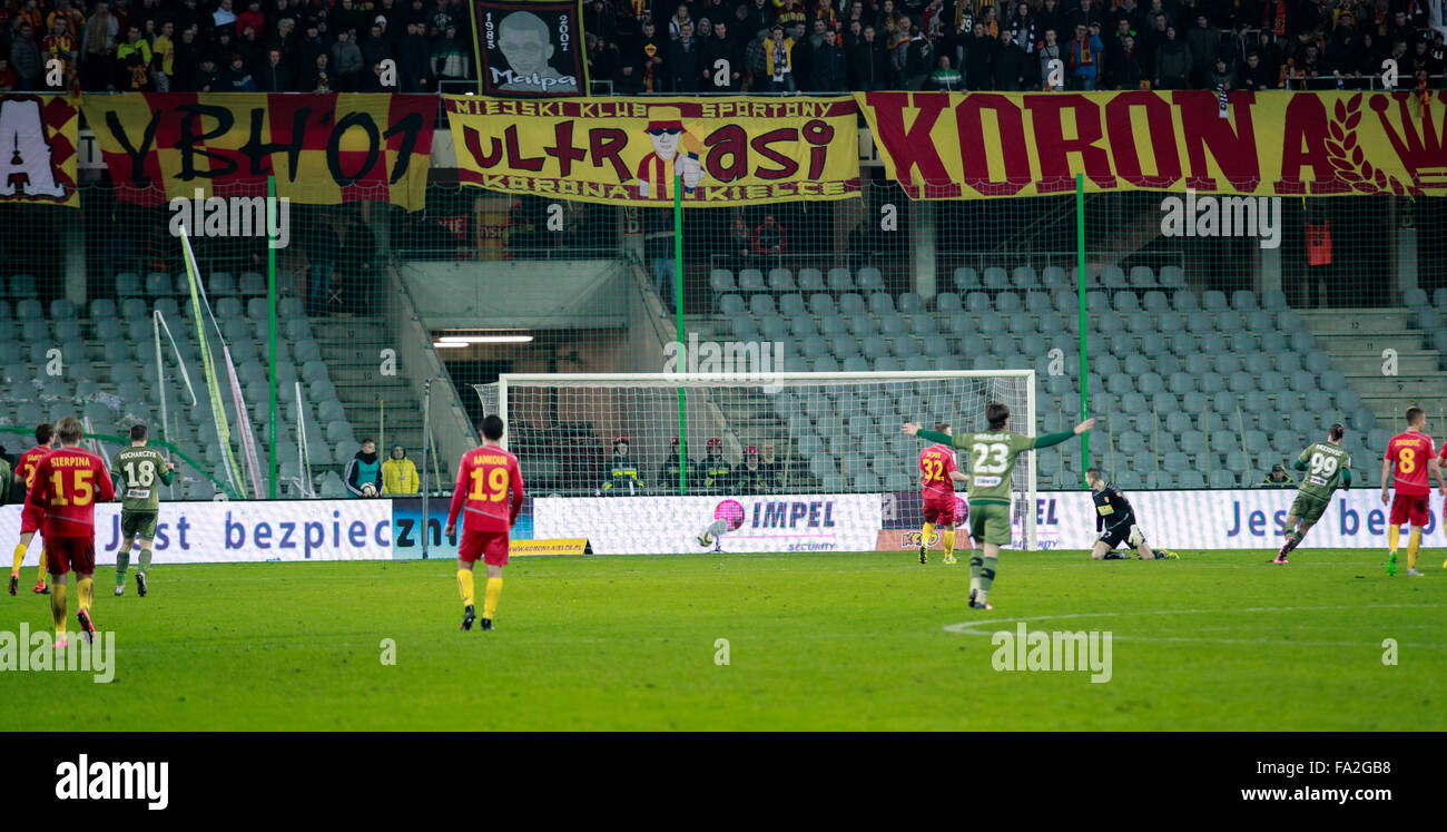 Kielce, Poland. 20th Dec, 2015. Legia Warszawa beats 3:1 Korona Kielce in Polish Ekstraklasa football league. Over 9 thousand football fans watched the game in Kielce Kolpolter stadium. Aleksandar Prijovic shoots a goal for Legia Warszawa. Credit:  Dominika Zarzycka/Alamy Live News Stock Photo