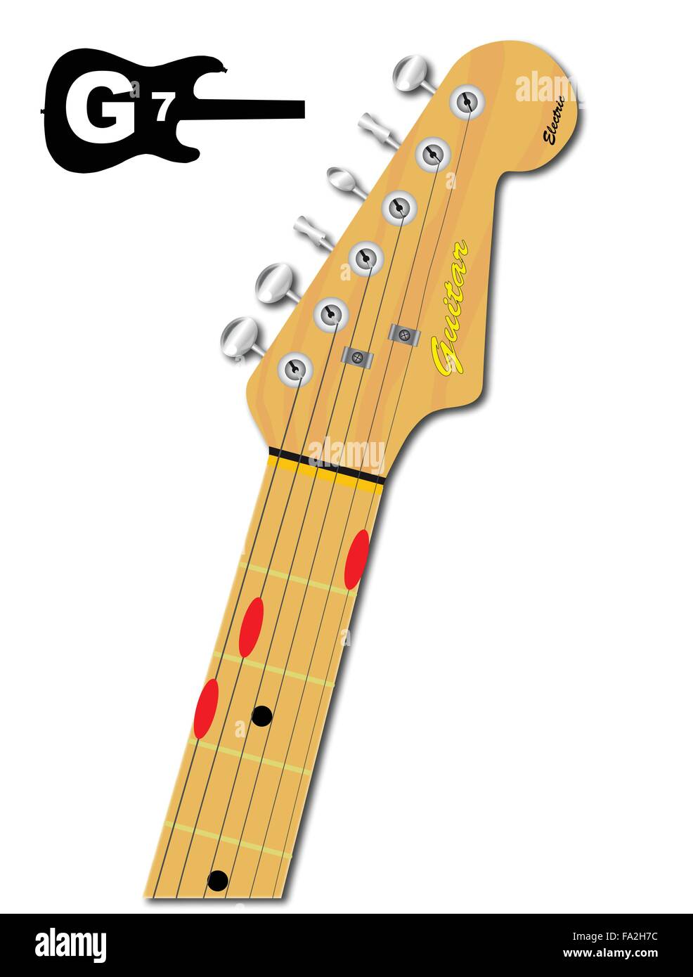 An electric guitar neck with the chord shape for G seventh indicated with red buttons Stock Vector