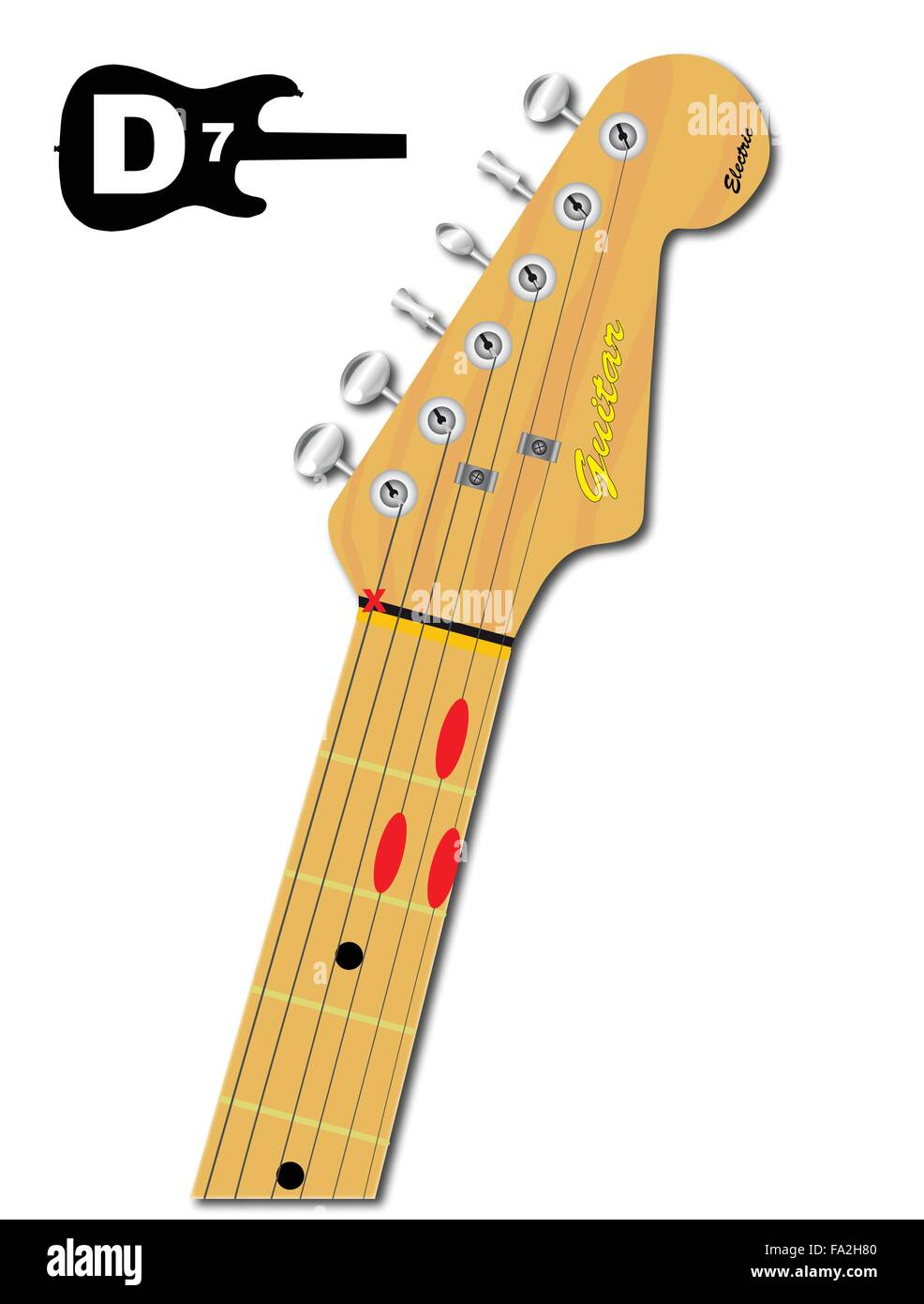 An electric guitar neck with the chord shape for D seventh indicated with red buttons Stock Vector